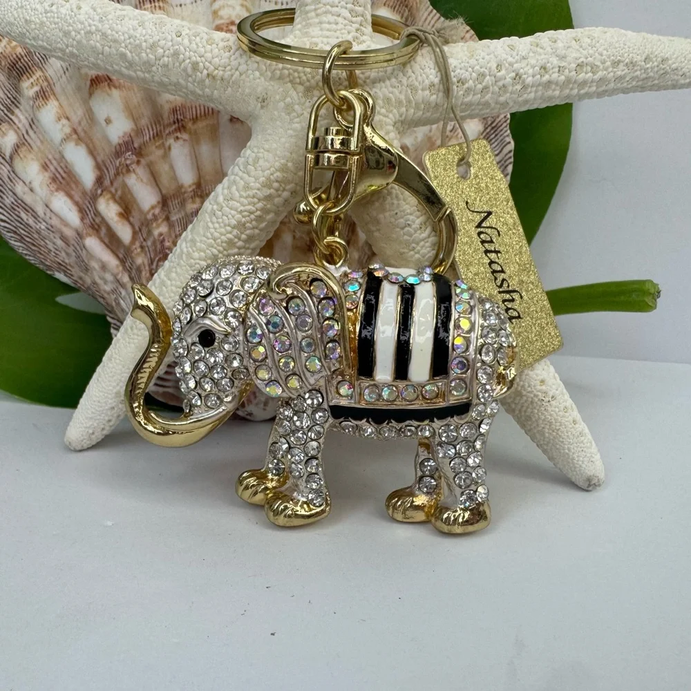 Cute Gold and Silver Rhinestone Studded Elephant Keychain